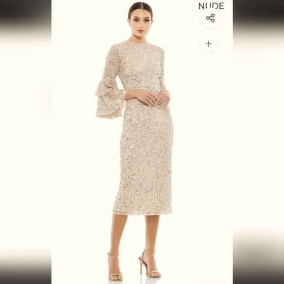 NWT! Mac Duggal, Fully Sequined Ruffle Tiered 3/4 Sleeve Midi Dress,Nude, SIZE 2 - Picture 3 of 12